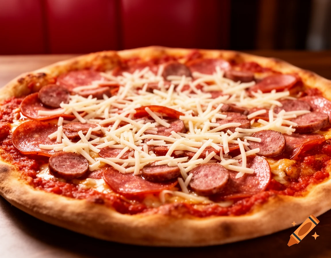 A photorealistic pizza topped with pepperoni, sausage, shredded cheese, and tomato sauce on a wooden table.
