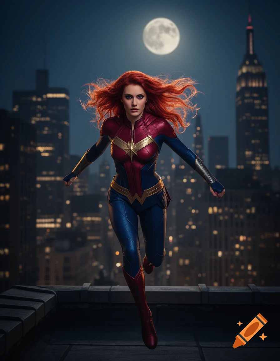 A red-haired female superhero in a blue and red suit stands on a city rooftop at night, with a full moon and city skyline.