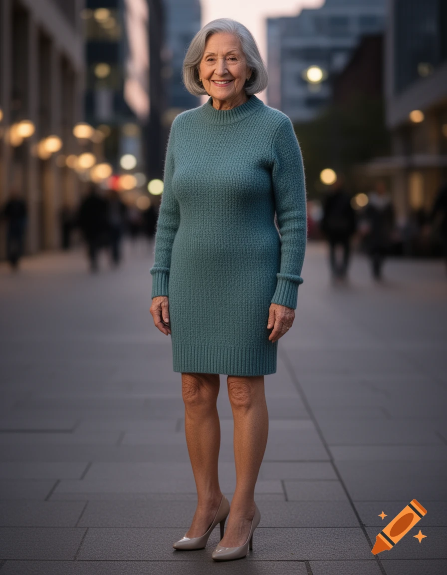 An elderly woman with short gray hair smiles while standing in a teal sweater dress and high heels on an urban street.
