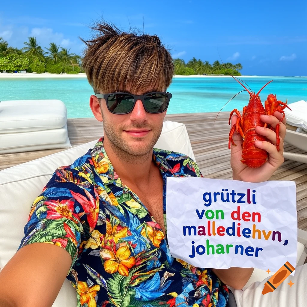 Man in Hawaiian shirt and sunglasses holds a lobster and a sign with text on a sunny Maldives beach.