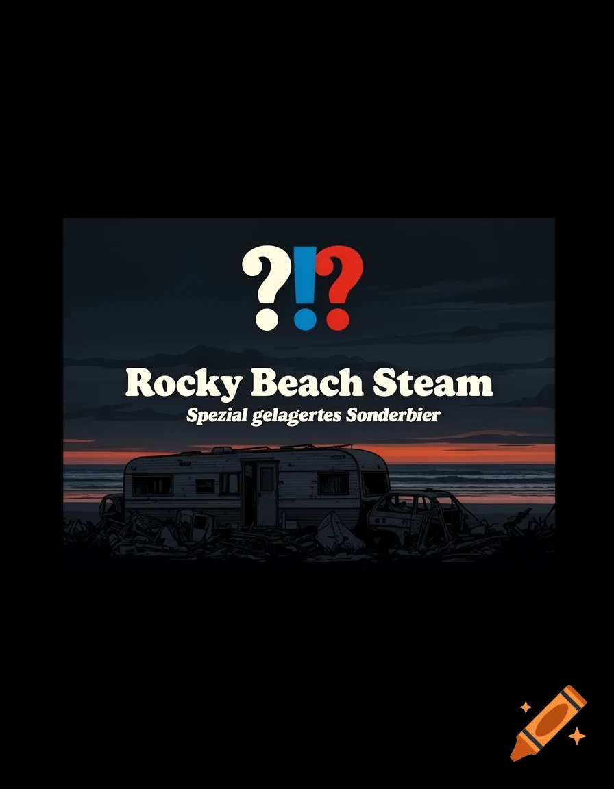 Retro 2D graphic design beer label for 'Rocky Beach Steam' with '?!!' logo and text, over a moody coastal junkyard scene at dusk.