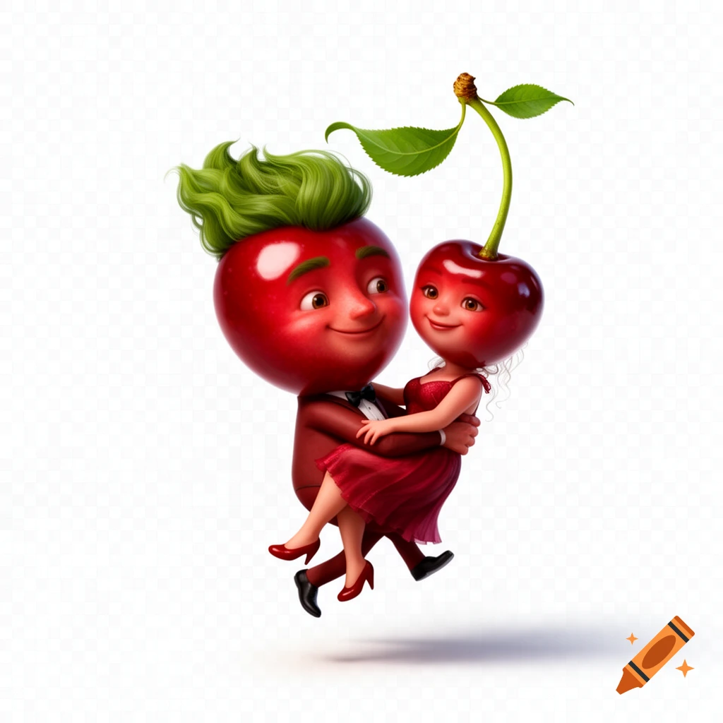 Cartoon anthropomorphic male cherry in a tuxedo carrying a female cherry in a red dress, both smiling, on a transparent background.