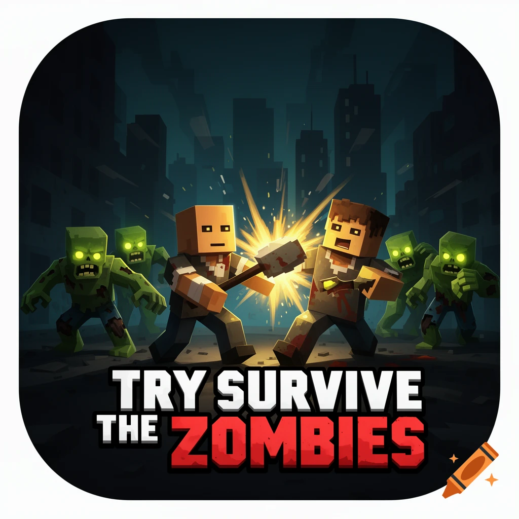 A Roblox-style game icon showing blocky characters fighting green zombies in a dark city, with the text 'TRY SURVIVE THE ZOMBIES'.