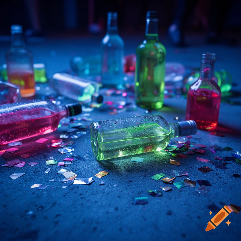 Photorealistic close-up of colorful booze bottles and scattered confetti on a blacklit concrete floor.