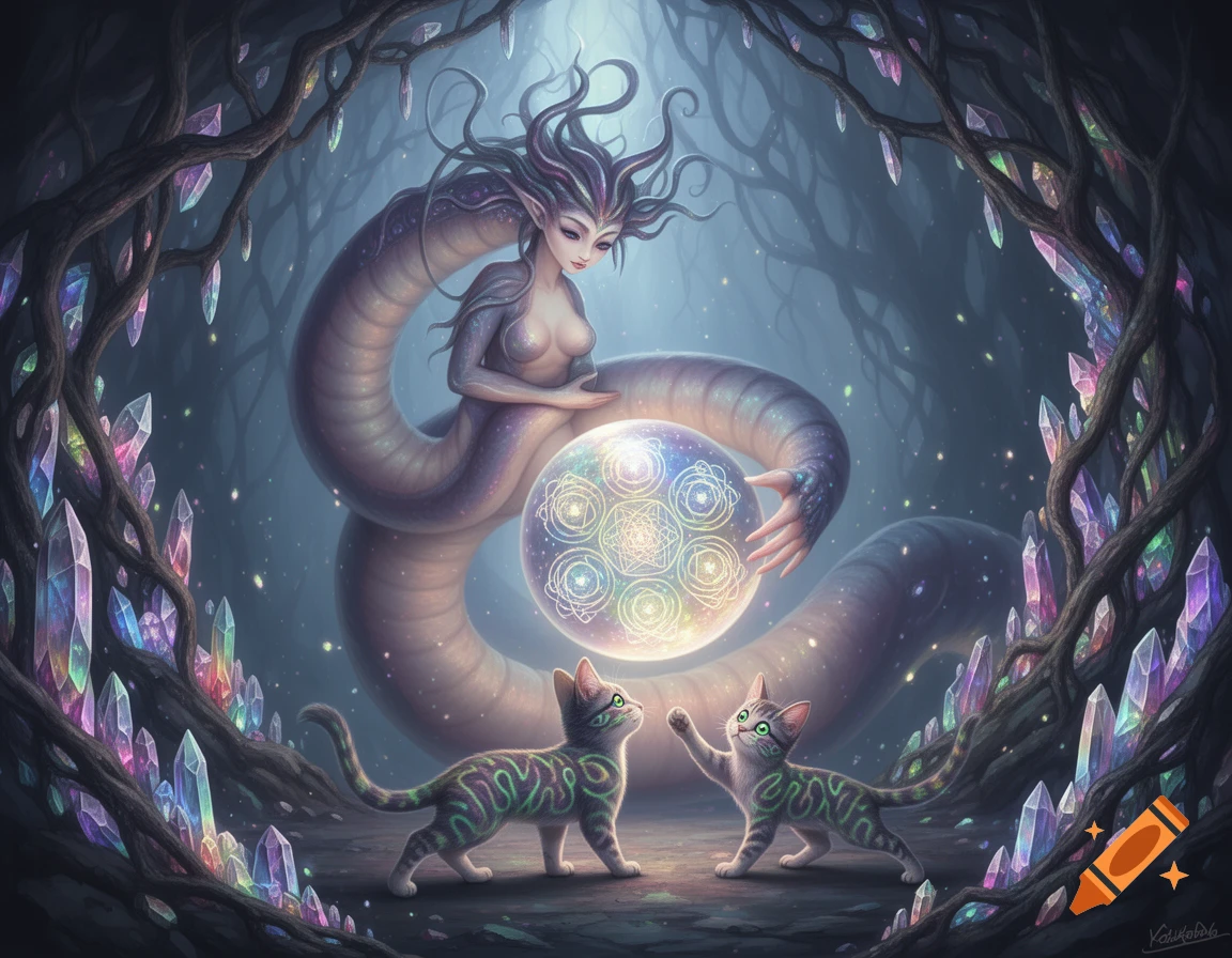 Dreamlike fantasy art of a snake-like creature with human torso holding a glowing orb, watched by two cats in a crystal forest.