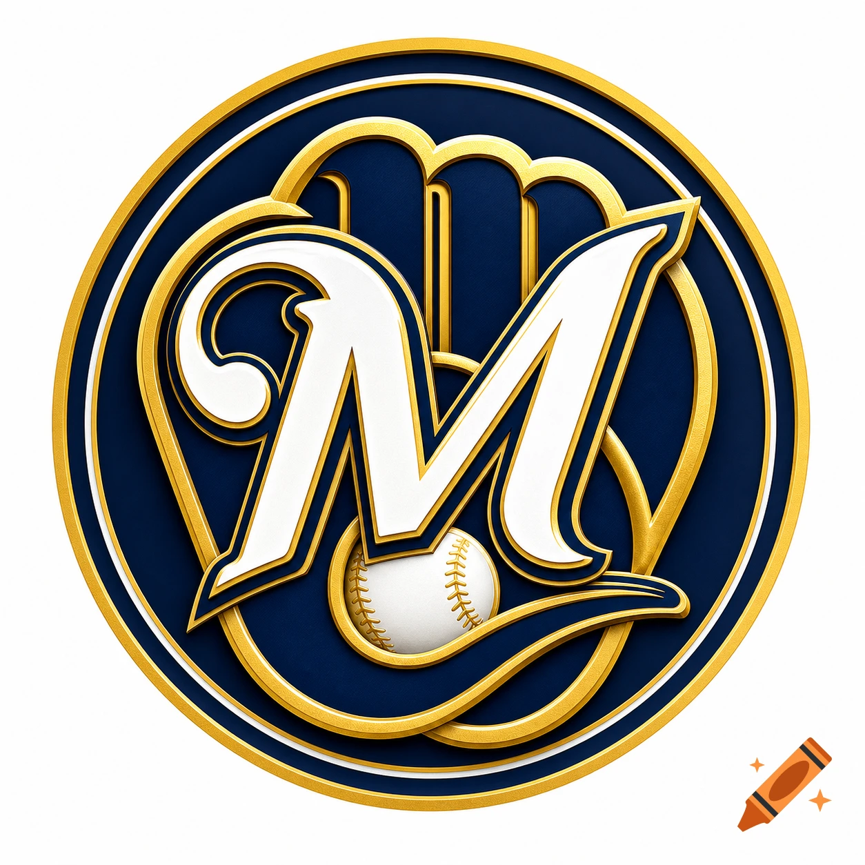 Stylized Milwaukee Brewers baseball logo in gold, white, and navy blue, featuring an 'M' that forms a baseball glove with a baseball.