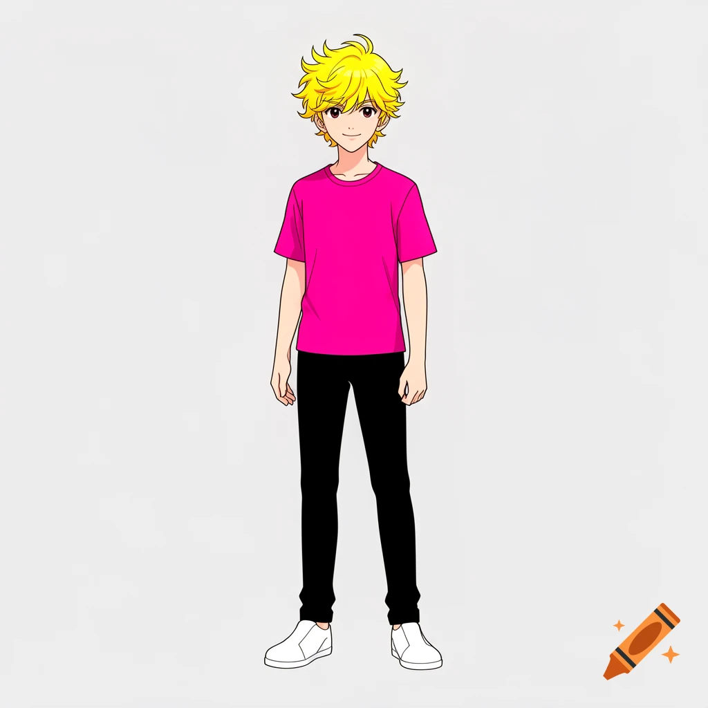 Full-body anime character with spiky blonde hair, pink t-shirt, black pants, and white slip-on shoes, standing.