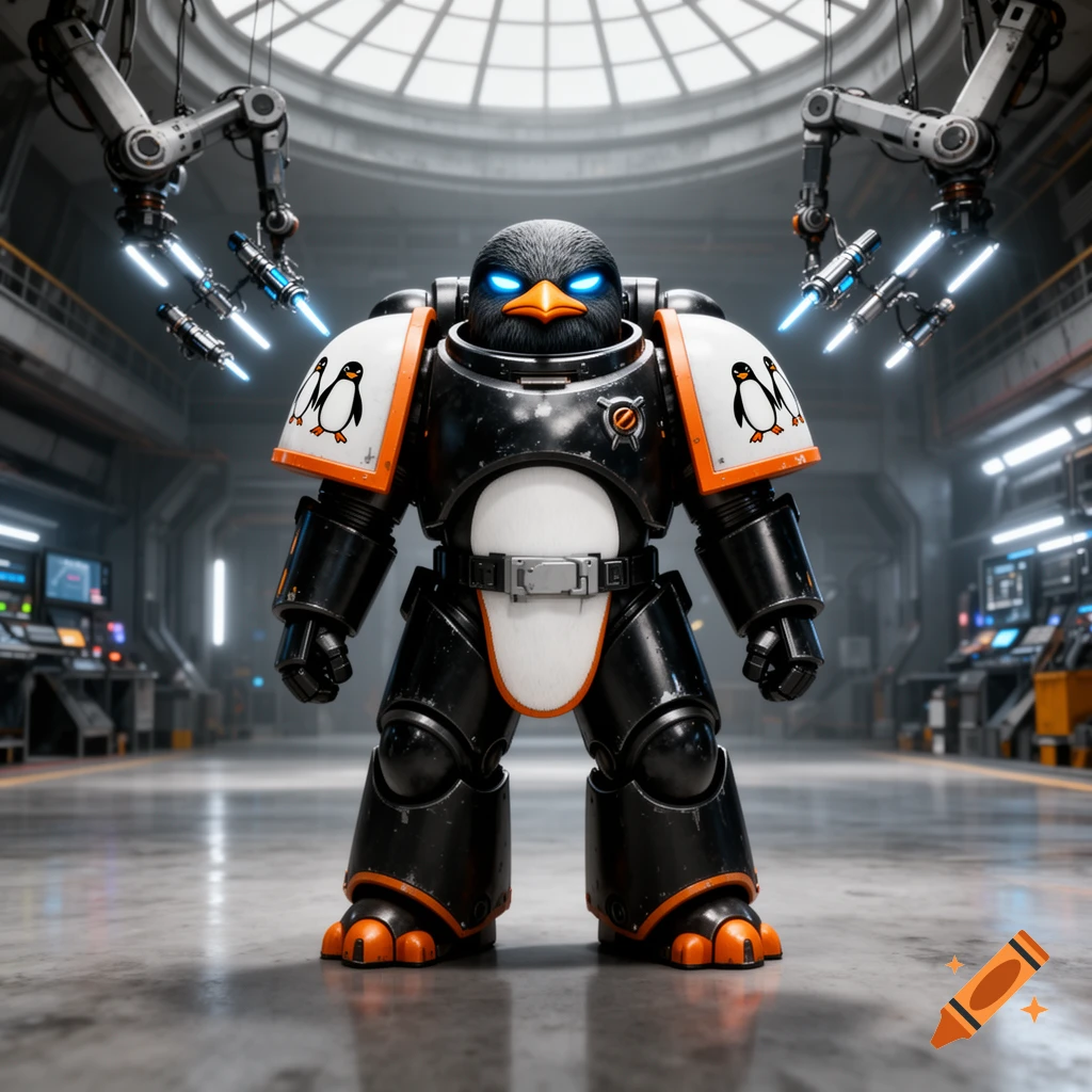 A penguin character in black and white space marine armor with orange accents and glowing blue eyes stands in a futuristic laboratory.