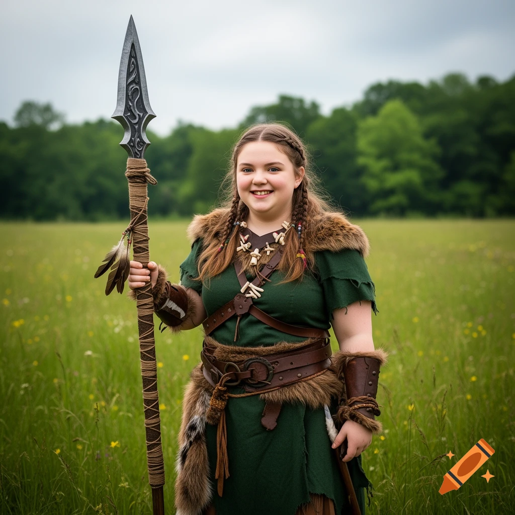 A young person in a fantasy costume, resembling a warrior or huntress, smiles while holding a large spear in a green field with trees in the background.