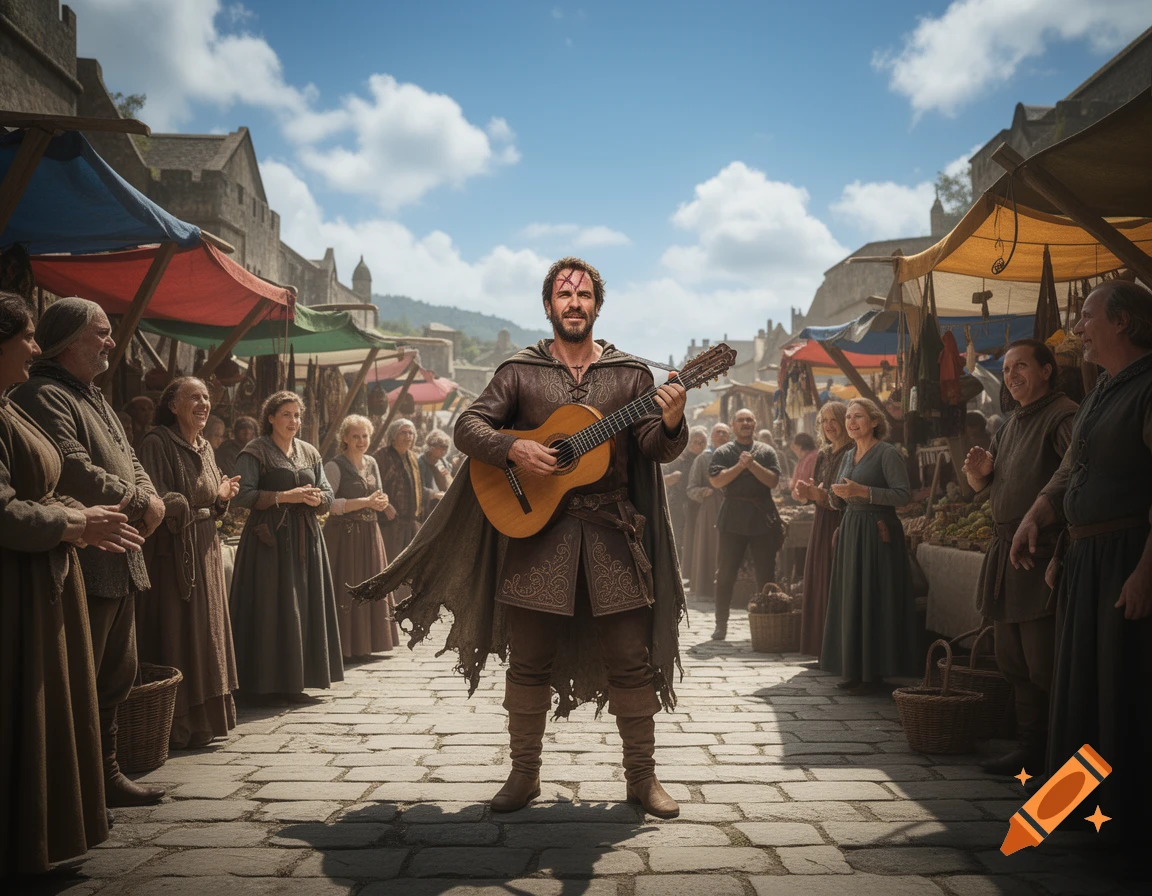 A photorealistic image of a bard with a face scar playing a guitar in a bustling medieval marketplace.