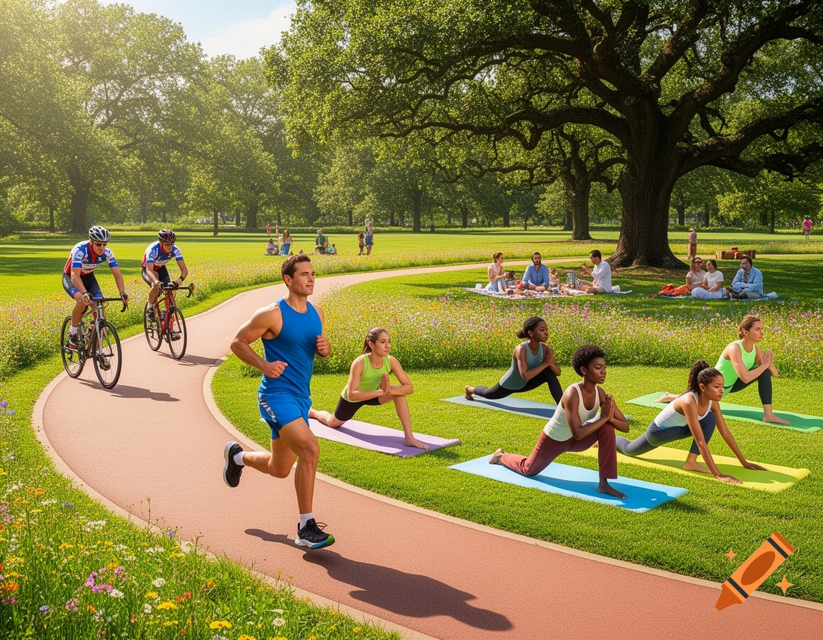 People enjoy various activities like running, cycling, yoga, and picnicking in a sunny, photorealistic park.