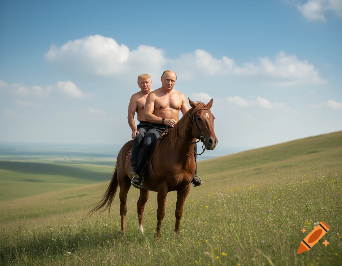Shirtless Vladimir Putin rides a horse with a shirtless Donald Trump sitting behind him, across a grassy hill under a blue sky.