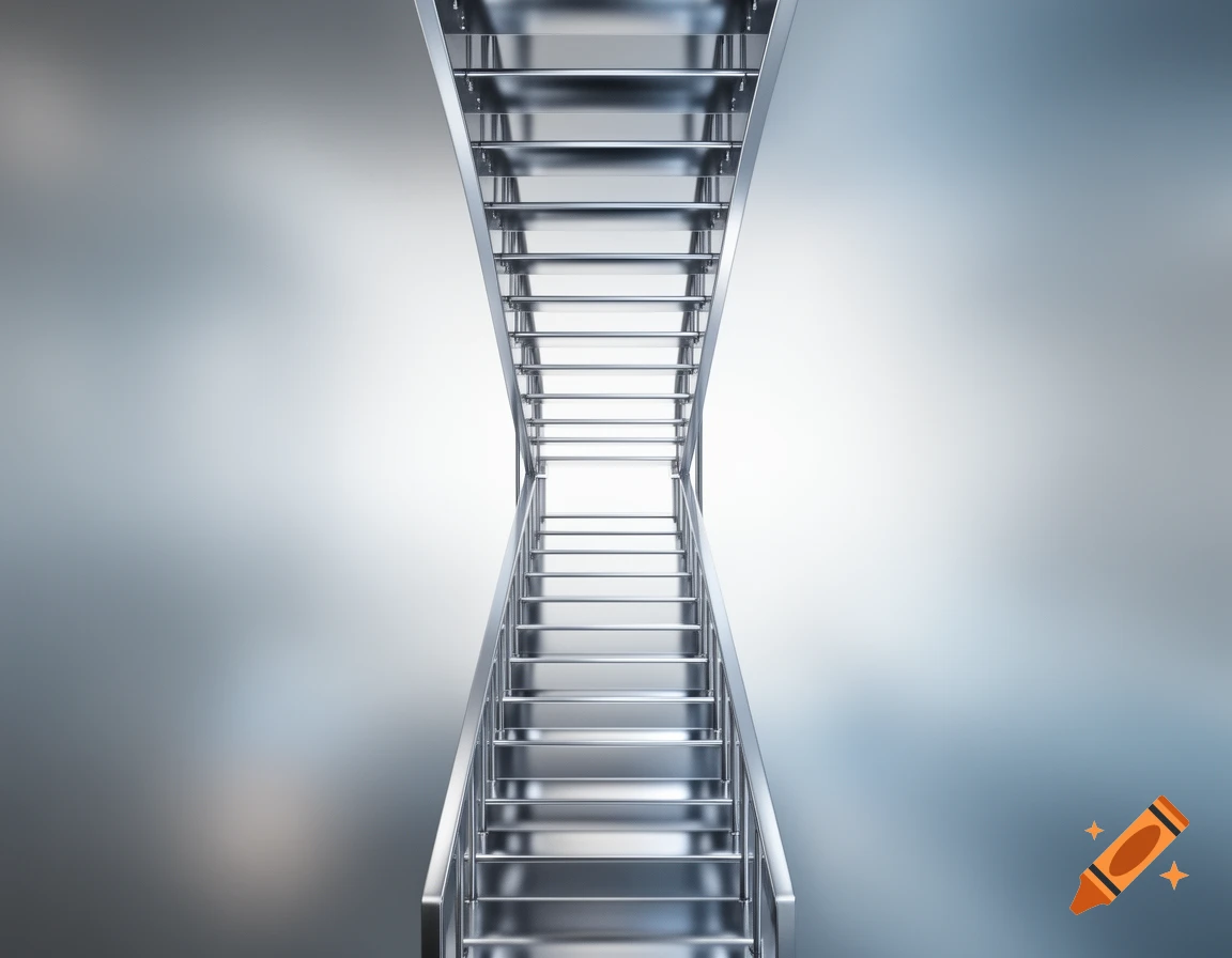Photorealistic image of a metallic staircase mirrored, extending vertically against a blurred silver background.