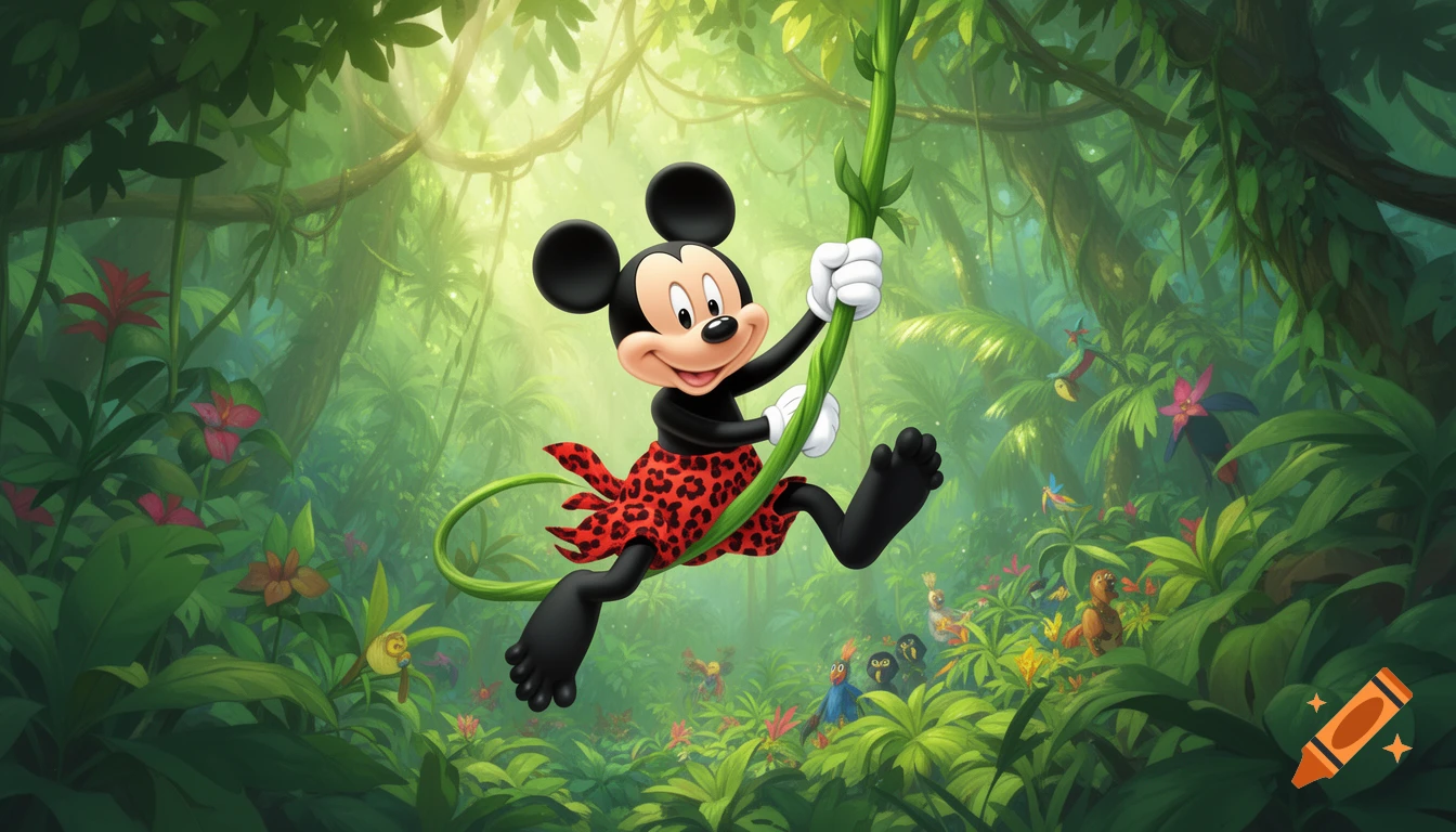 Mickey Mouse in a red leopard print loincloth swings from a green jungle vine in a lush jungle setting.