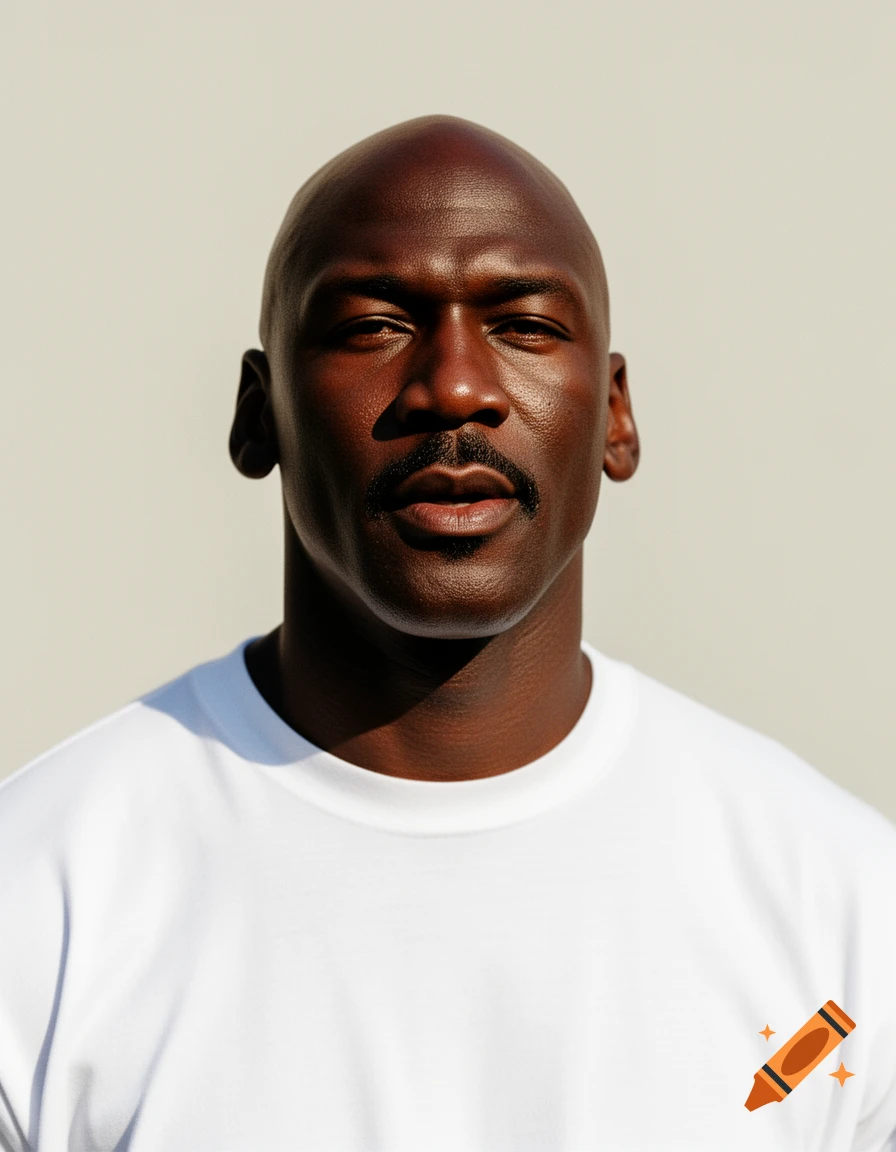 A close-up portrait of Michael Jordan, a bald Black man with a mustache, wearing a white t-shirt.