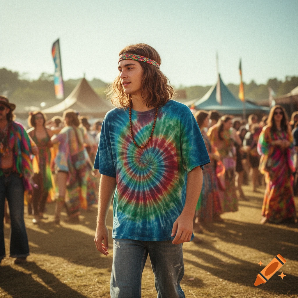 A long-haired young man in a tie-dye shirt and headband stands at a sunny outdoor festival.