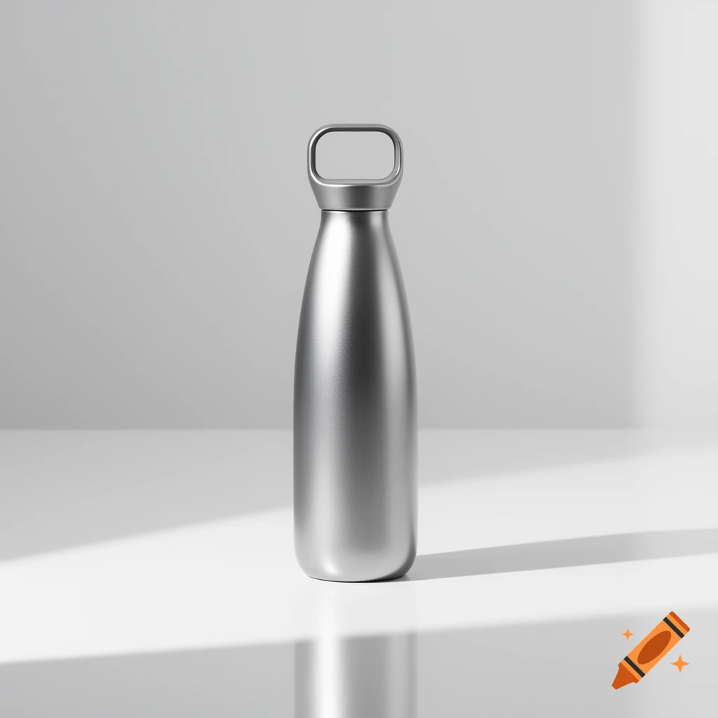 A sleek, silver metallic water bottle with a loop handle, standing upright on a white surface with shadows.