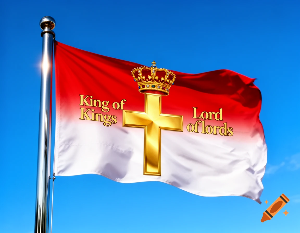 A red and white flag with a golden cross, crown, and the text "King of Kings" and "Lord of lords" against a blue sky.