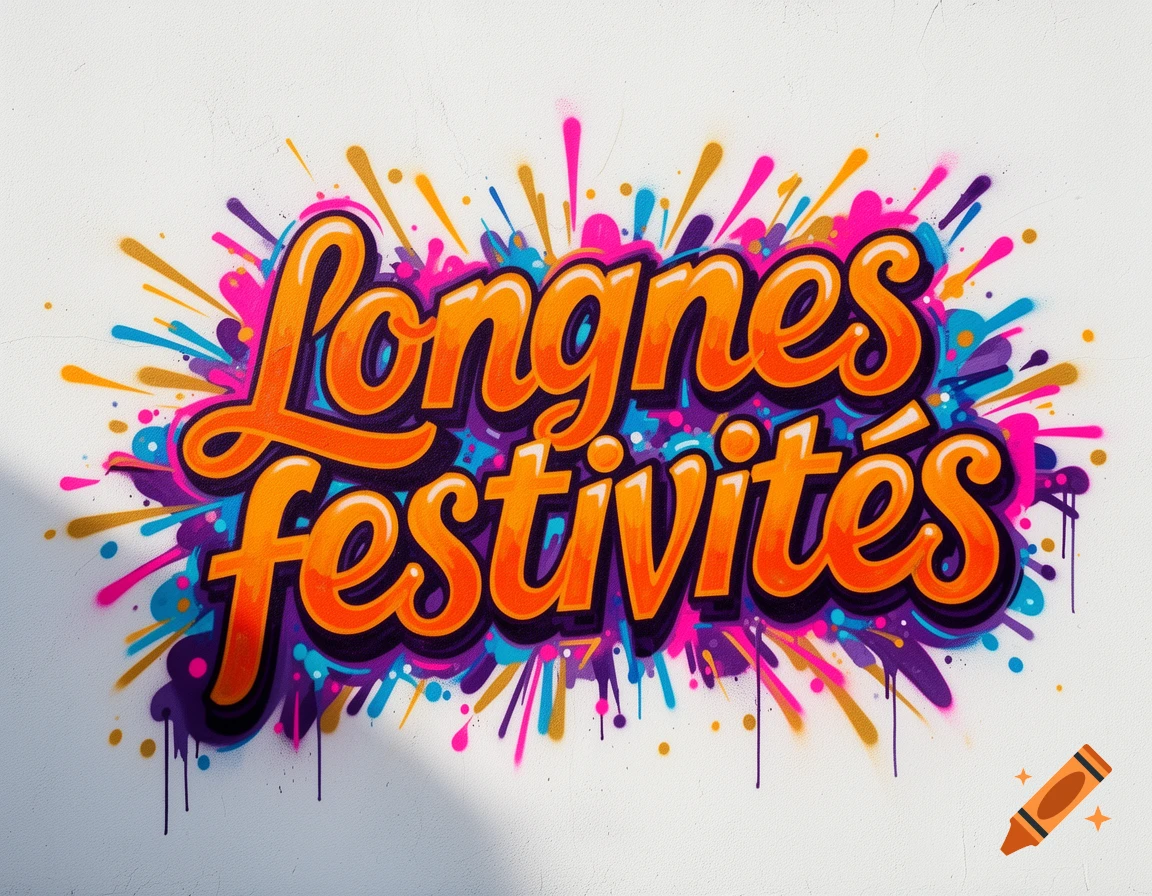 Vibrant graffiti of the words 'Longnes festivités' in orange, pink, purple, and blue with paint splatters on a white wall.