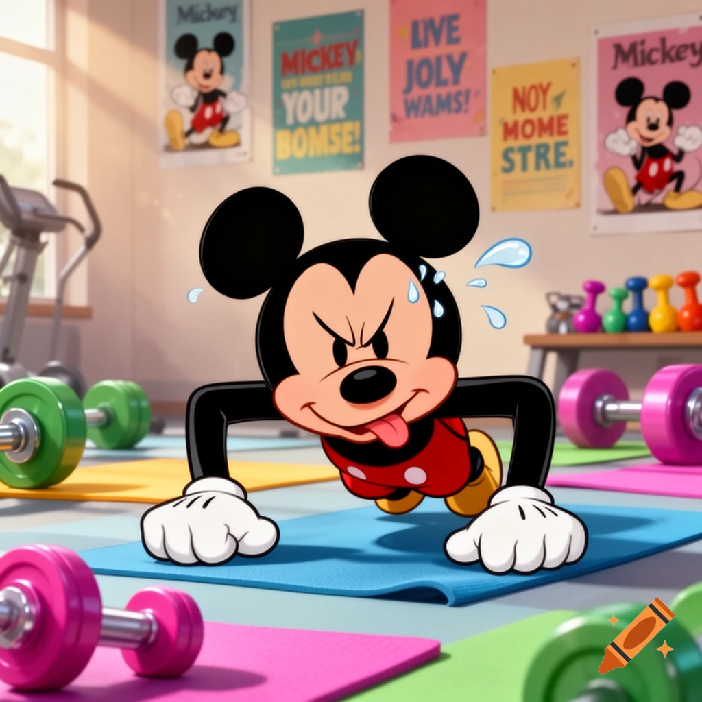 Mickey Mouse doing push-ups on a blue yoga mat in a brightly lit gym with colorful weights and posters.