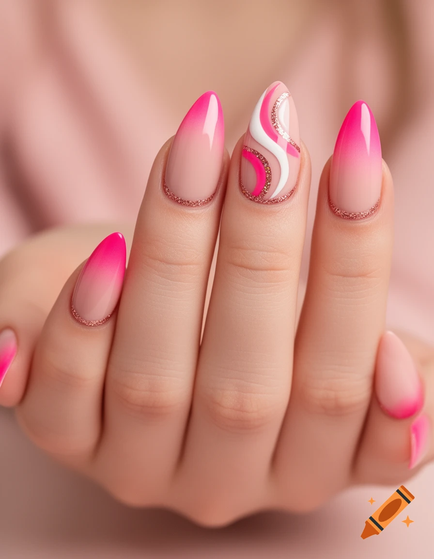 Close-up of a hand with almond-shaped nails. Most nails have a pink ombr r design, while the ring finger features white and pink wavy swirls with glitter.