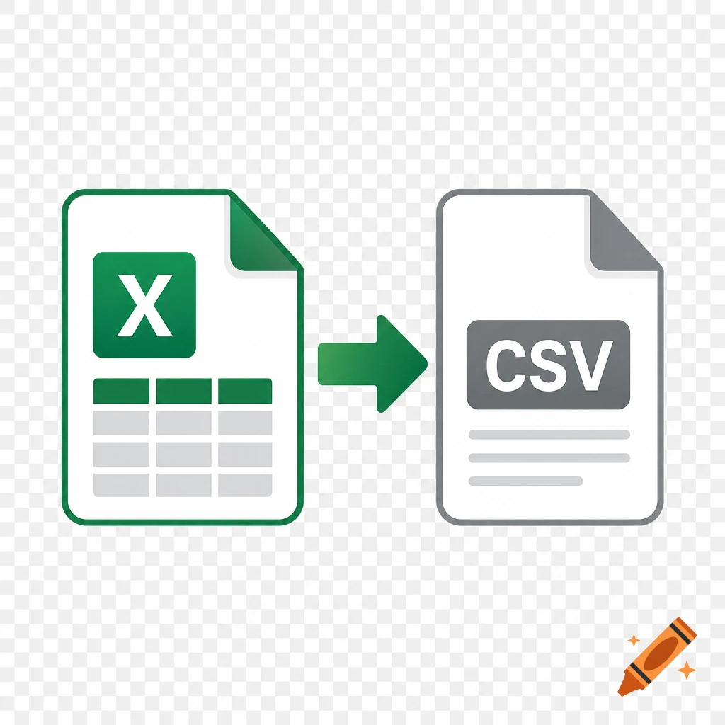 A green Excel file icon converting to a gray CSV file icon with a green arrow in a vector illustration.