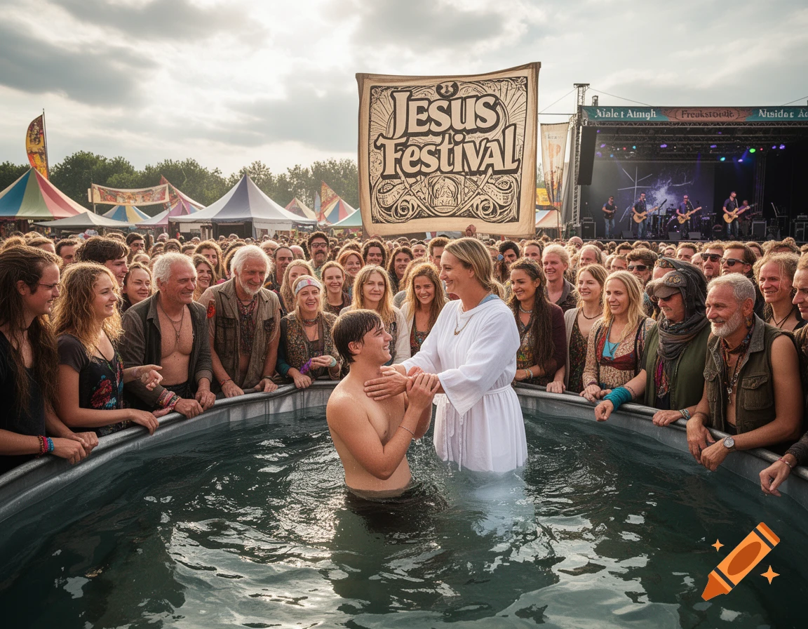 A woman in white baptizes a man in a pool at an outdoor Jesus Festival, surrounded by a smiling crowd.
