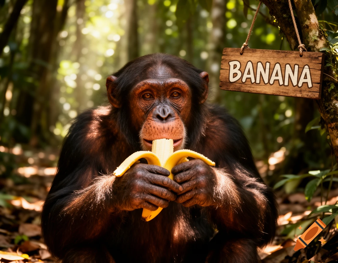 Photorealistic chimpanzee eating a banana in a sunlit jungle, with a wooden sign reading 'BANANA'.