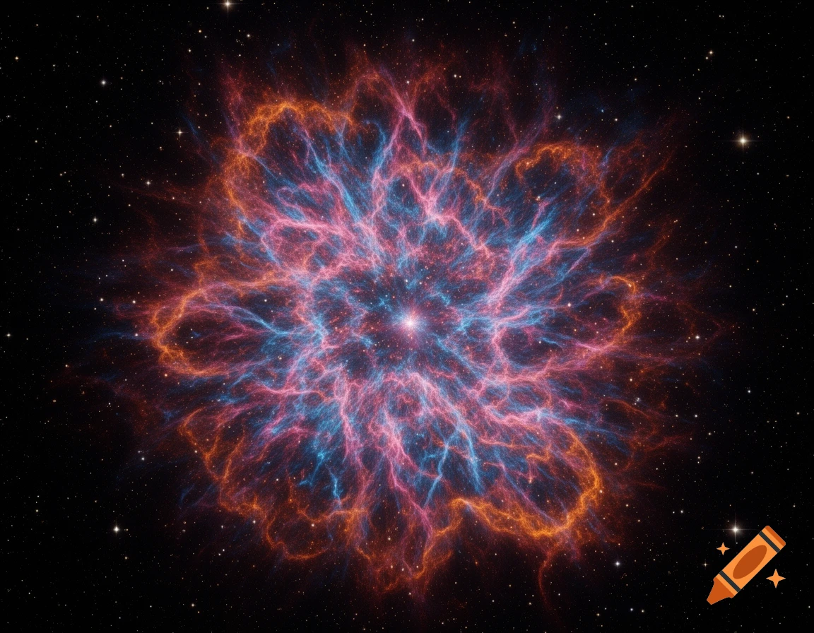 A vibrant red, blue, and orange nebula with a bright central core against a dark starry background.