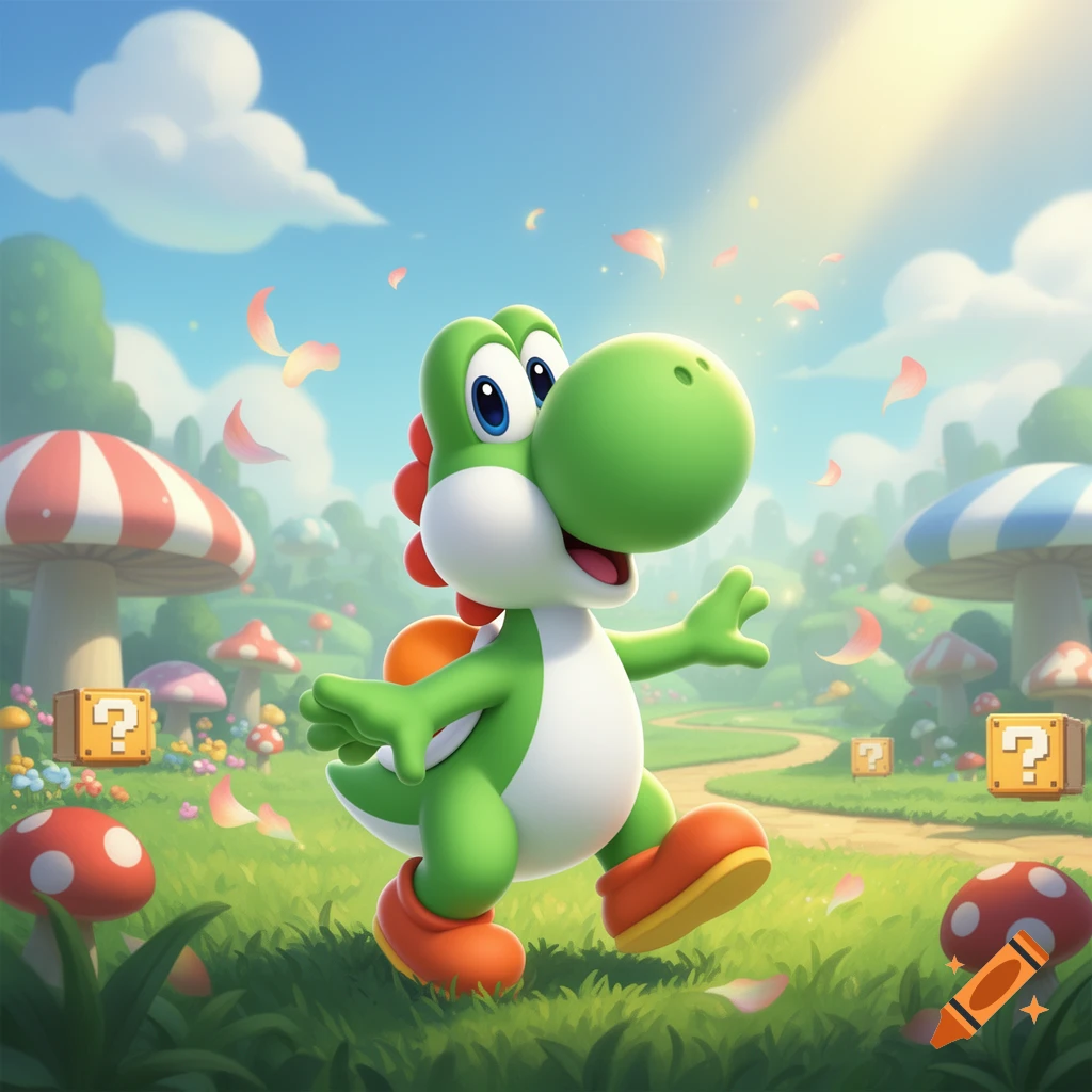 A vibrant, cartoonish Yoshi walks happily through a lush green landscape with iconic Mario question mark blocks, mushrooms, and falling petals under a bright sky.