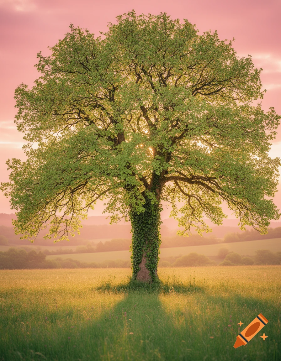 A large green tree with ivy on its trunk stands in a sunlit grassy field under a soft pink and orange sunset sky.