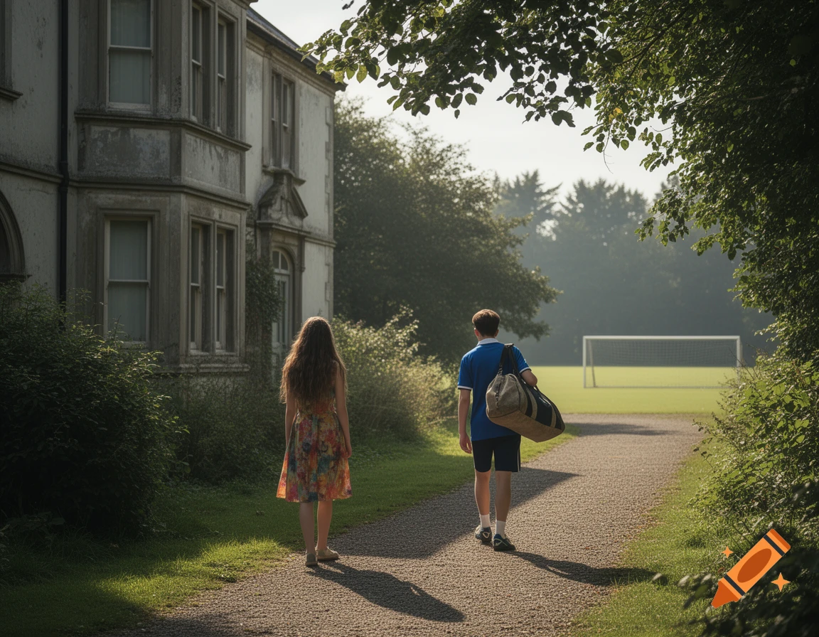 A woman in a floral dress and a man with a duffel bag walk on a gravel path past an old building towards a football field.