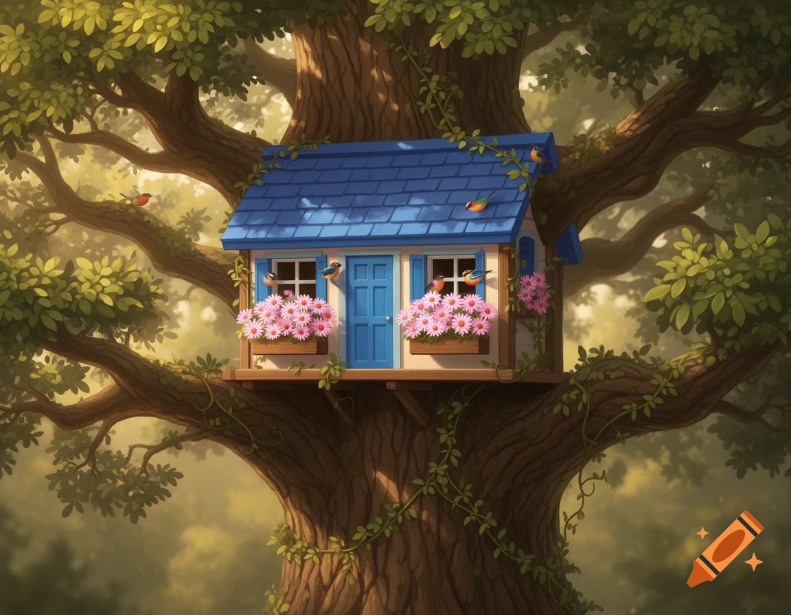 An illustration of a small blue-roofed treehouse with pink daisies in window boxes, nestled in a large oak tree, with birds.