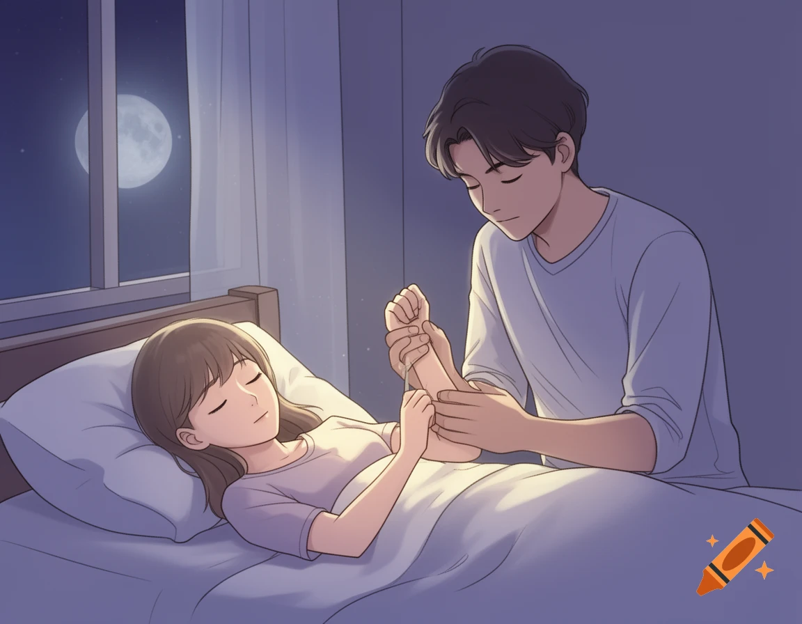 A man gently massages a sleeping woman's arm in bed at night, under a full moon, in a cute anime illustration.