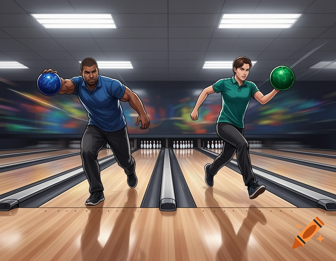 Dynamic illustration of two men, one right-handed and one left-handed, bowling in an alley.
