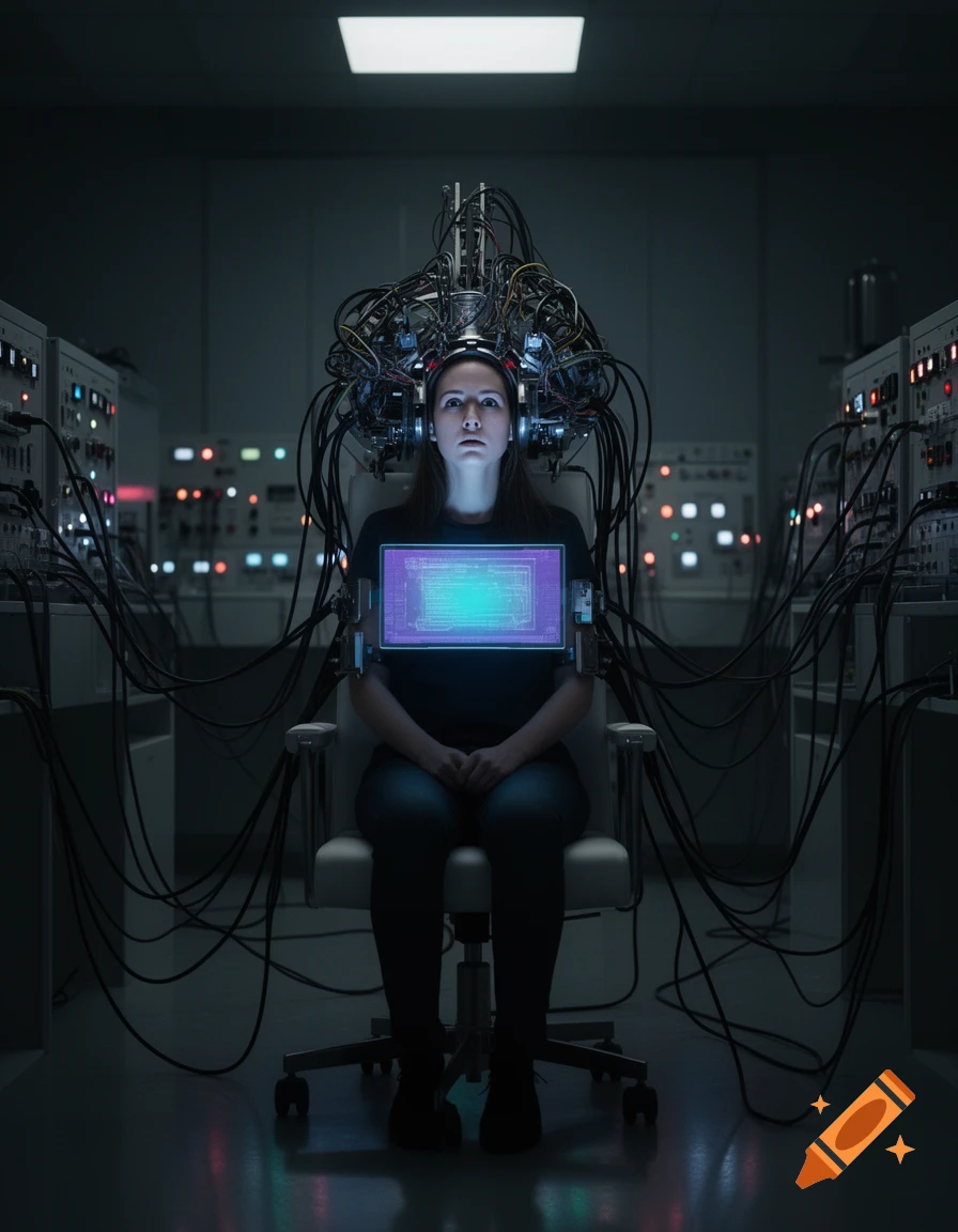 A woman with a complex wire apparatus on her head sits in a chair, illuminated by a glowing screen in a dark sci-fi lab.
