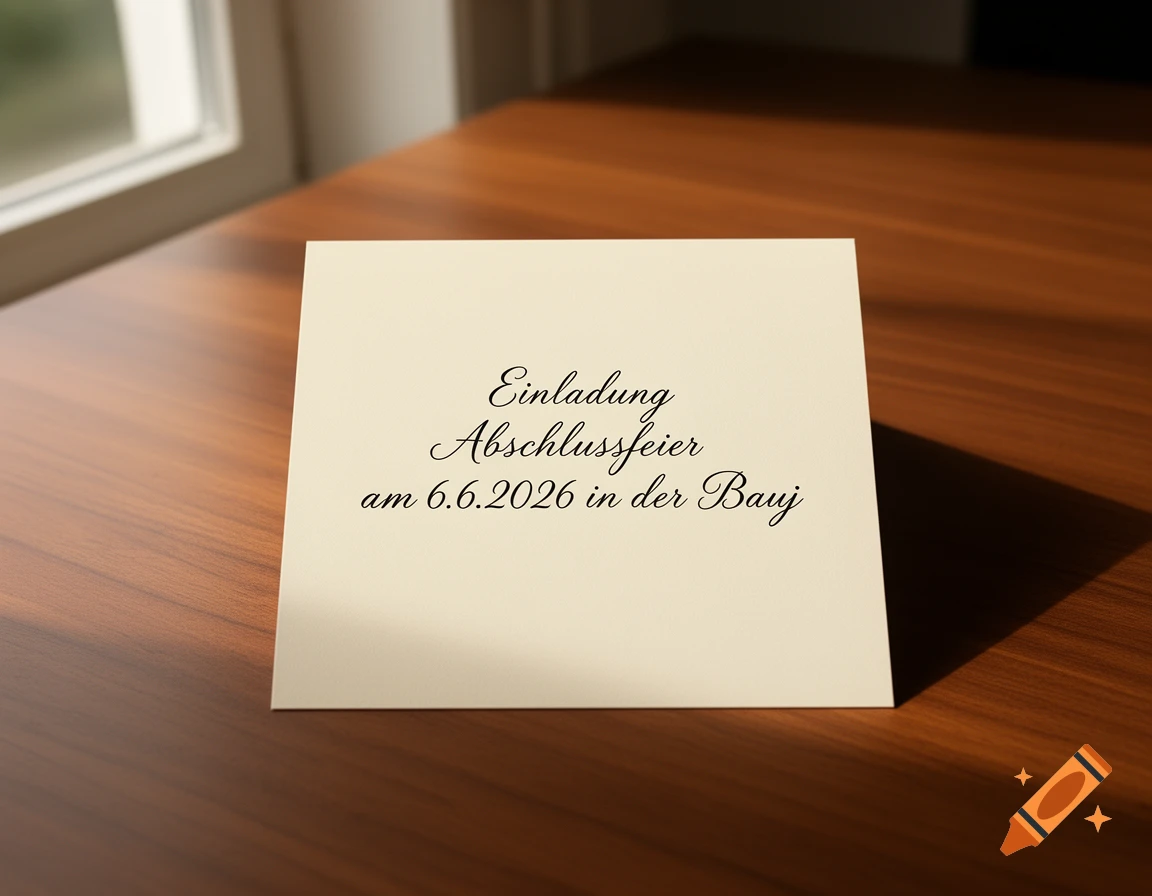 A cream invitation card for a graduation party on a wooden table, with German text.