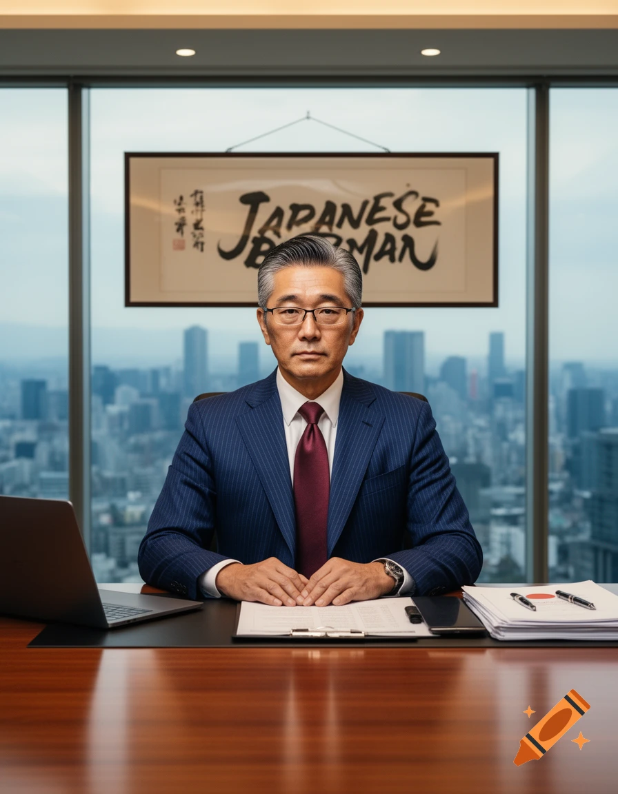 A photorealistic portrait of an older Japanese man in a pinstripe suit sitting at a desk in a high-rise office overlooking a city, with a framed calligraphy piece behind him.