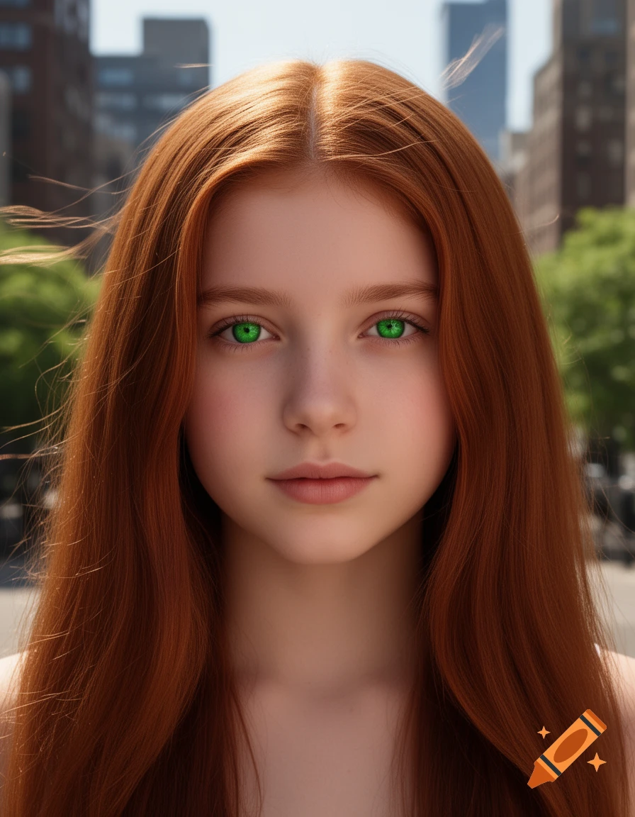 Close-up portrait of a young woman with long red hair and vibrant green eyes, set against a blurred city background.