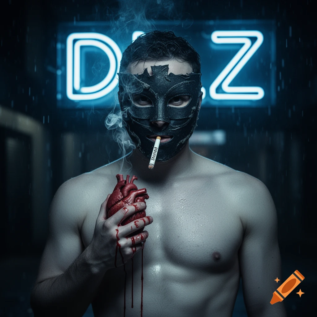 A masked shirtless man holds a bleeding anatomical heart in a dark, rainy street with a blue 'DLZ' neon sign. He smokes a cigarette labeled 'Stoned'.