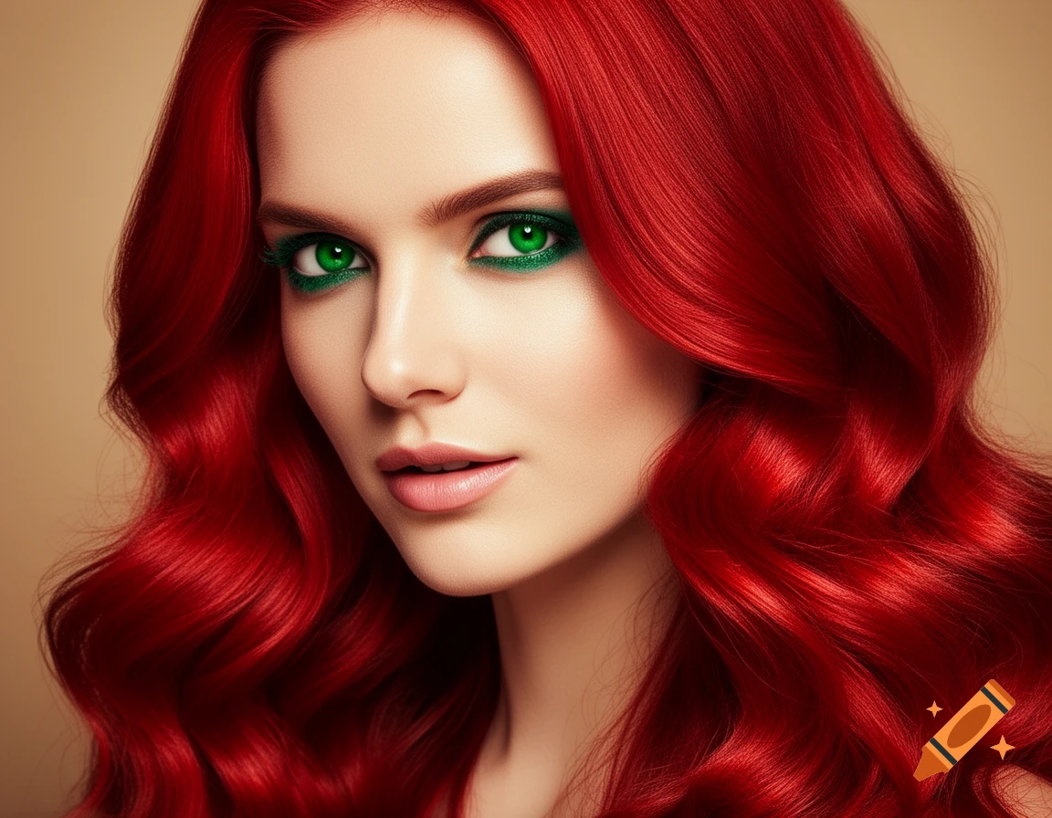 Close-up portrait of a woman with vibrant red wavy hair and striking green eyeshadow and eyes, against a plain background.
