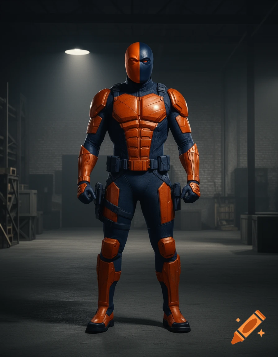 A masked figure in a full orange and blue armored superhero suit stands in a dimly lit warehouse.