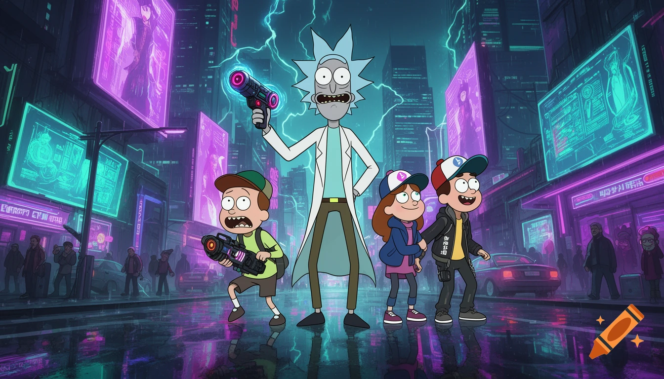 Rick, Morty, Dipper, and Mabel stand with laser guns on a rainy, neon-lit cyberpunk city street at night.