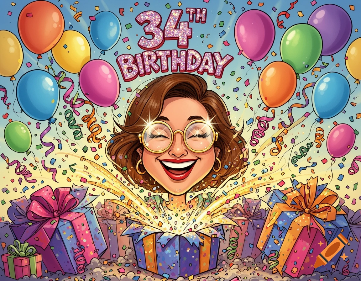 A cartoon illustration of a smiling woman with glasses celebrating her 34th birthday, surrounded by colorful balloons, confetti, and exploding gifts.