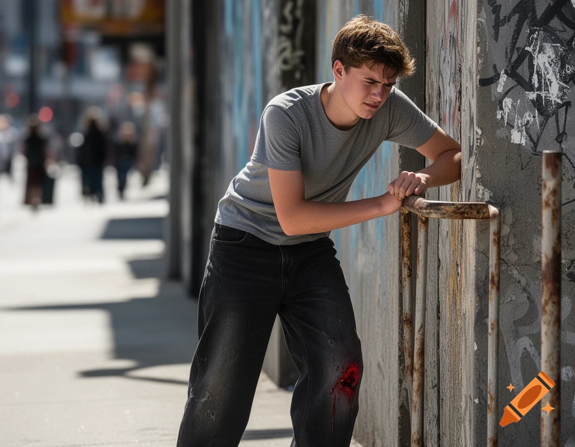 A distressed young man with a bloody wound on his right knee leans on a rusty railing on an urban street with graffiti.