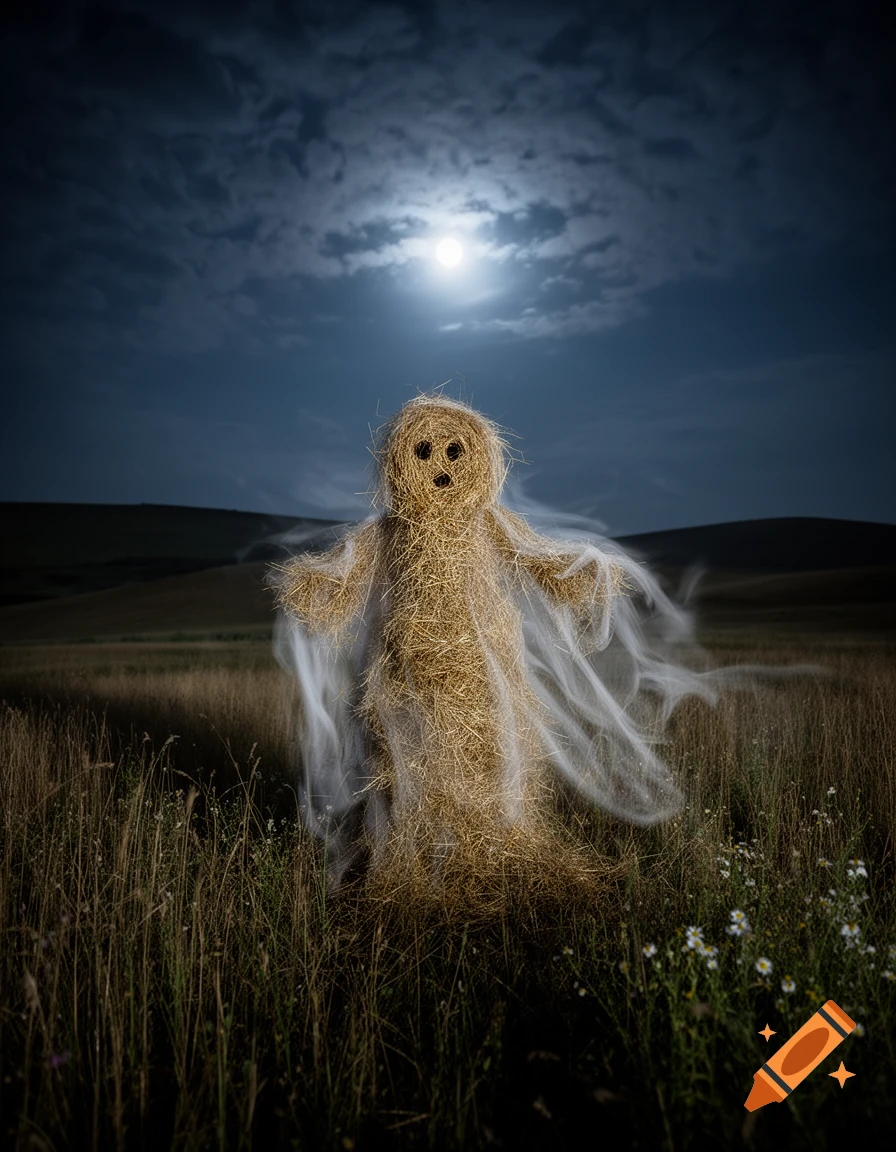 A ghostly figure made of hay stands in a dark field under a full moon and cloudy night sky.
