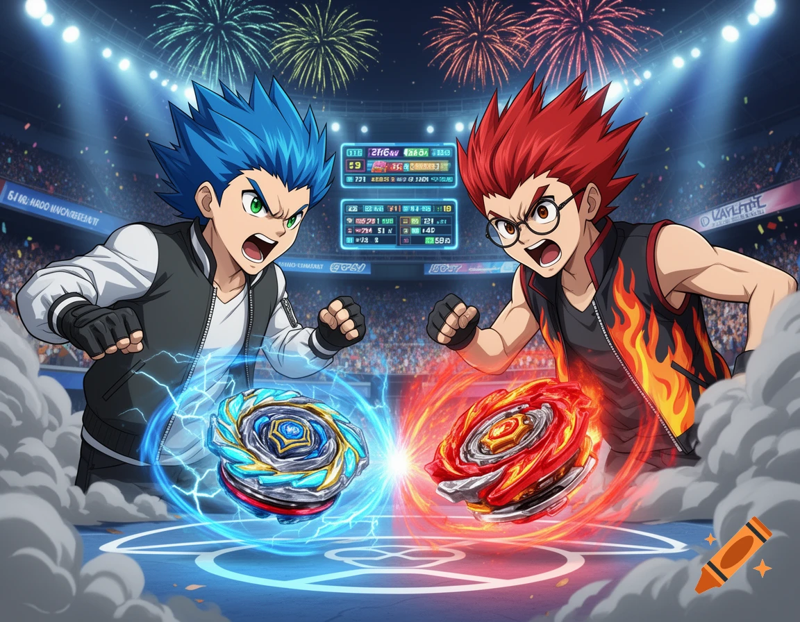 Two anime-style boys, one with blue hair and one with red, fiercely battle with glowing spinning tops in a vibrant stadium arena under fireworks.