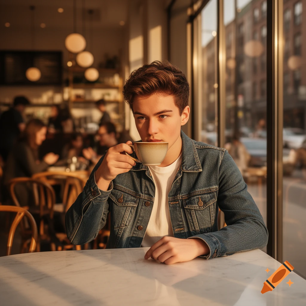 A young man with brown hair in a denim jacket sips coffee at a marble table in a sunlit cafe.