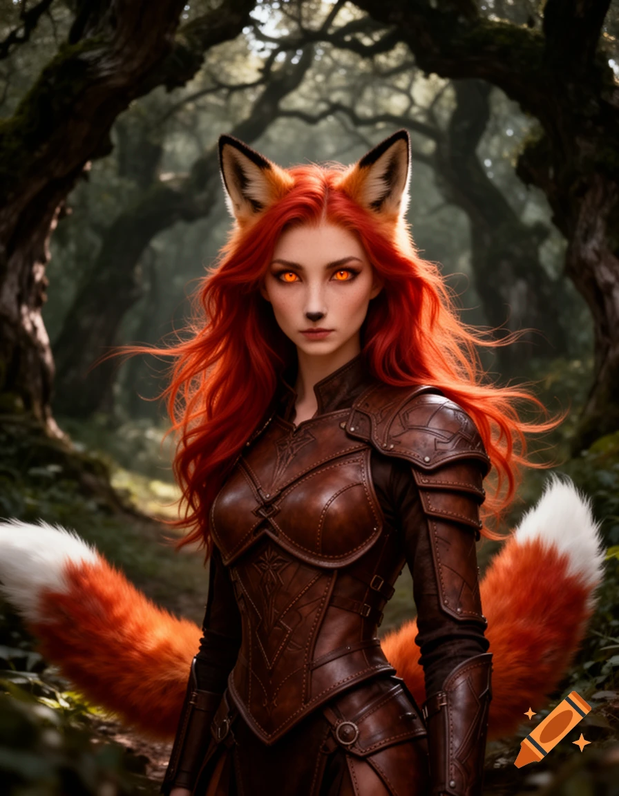 A kitsune woman with fiery red hair, glowing orange eyes, fox ears, and two large fox tails, wearing ornate leather armor in a dark forest.
