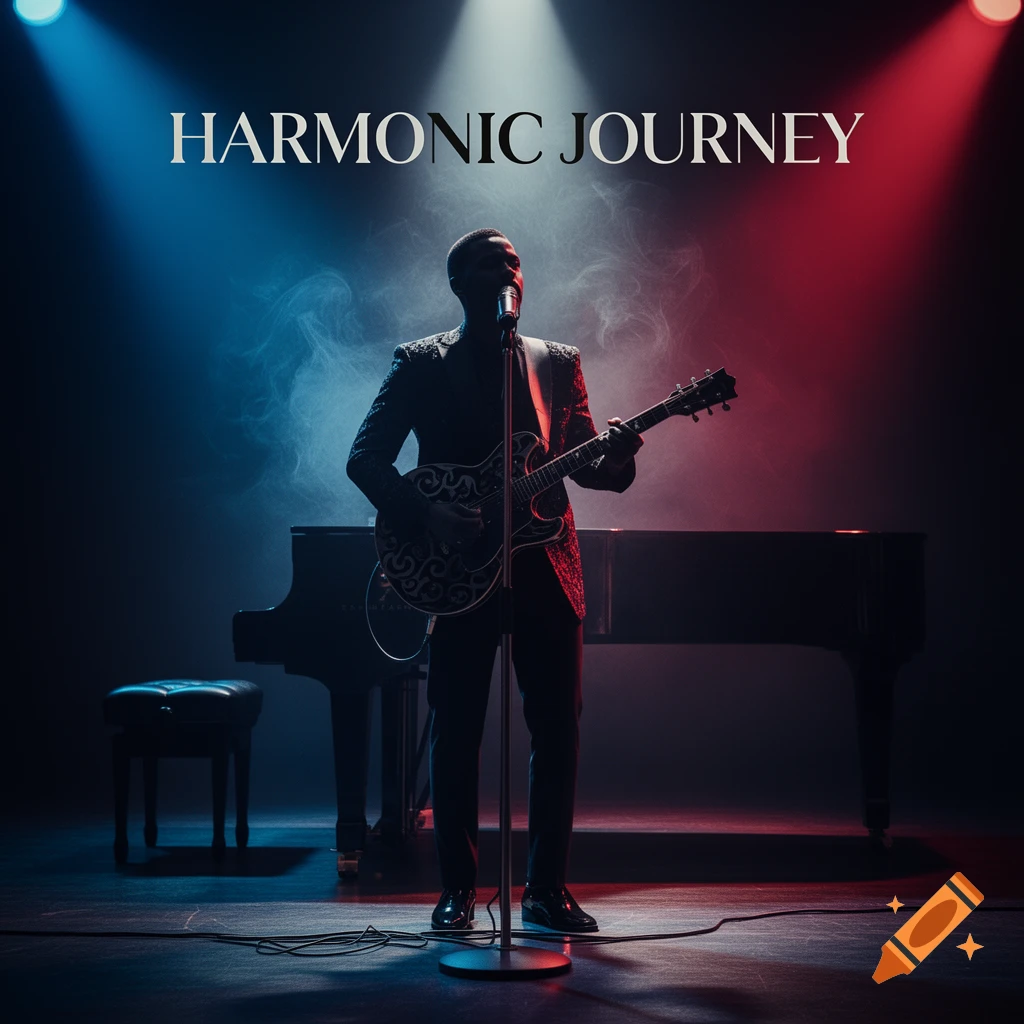A male musician sings into a microphone and plays a guitar on a dark stage with blue and red spotlights, featuring the text 'HARMONIC JOURNEY'.